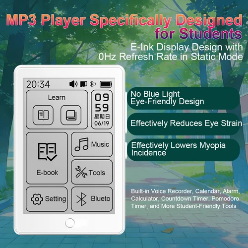 Imagen 2 del producto Reproductor MP3 Famue con Pantalla de Tinta Electrónica de 2.7 Pulgadas, 64GB, Mini Lector de Libros Electrónicos, Bluetooth, Sin Luz Azul, Amigable con la Vista, para Estudiantes, Grabación en el Aula