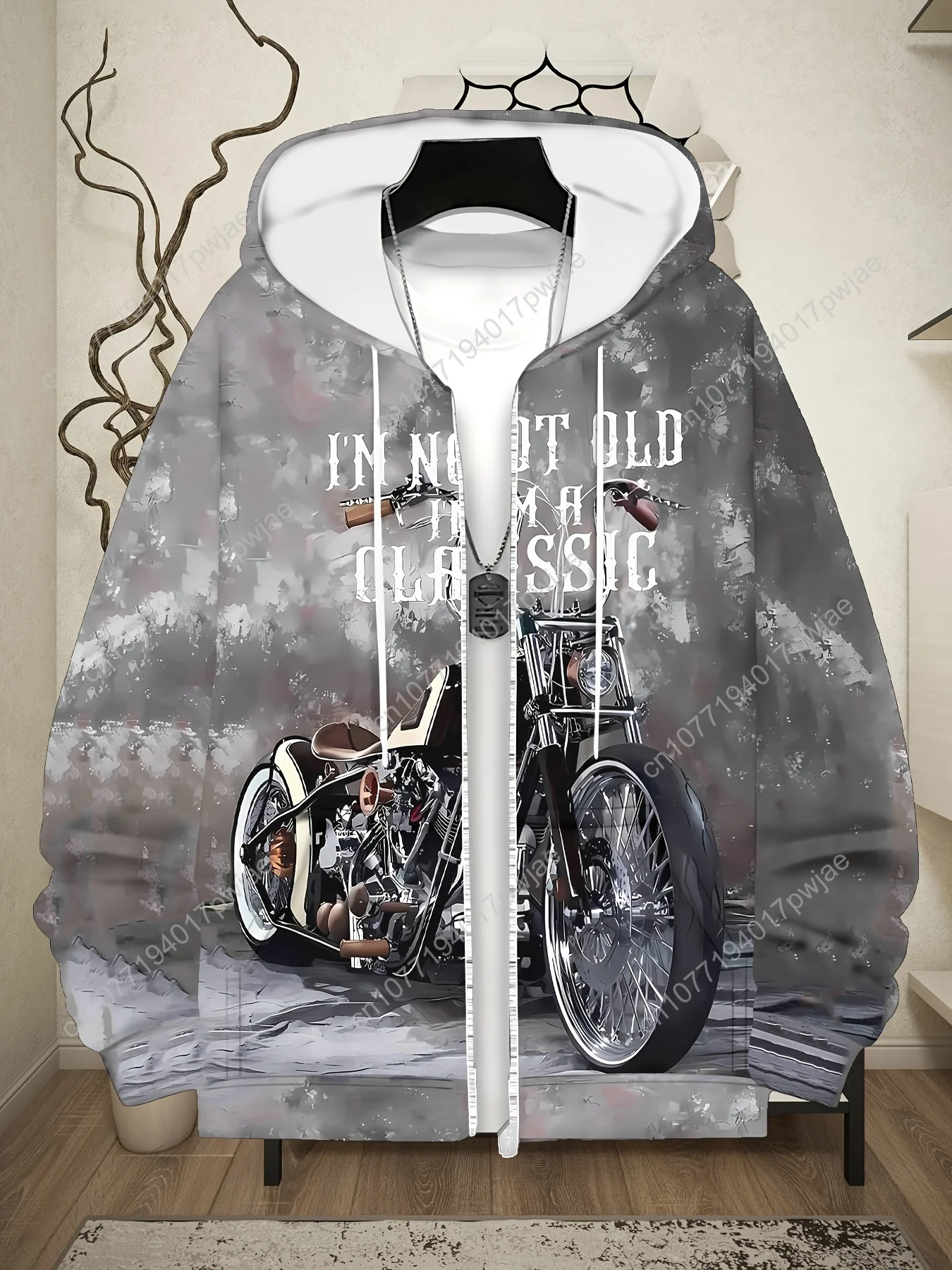 [Мотоциклетная толстовка с принтом] Легкая мужская толстовка на молнии с мотоциклетным принтом из 100% полиэстера |   Винтажный геометрический дизайн, R