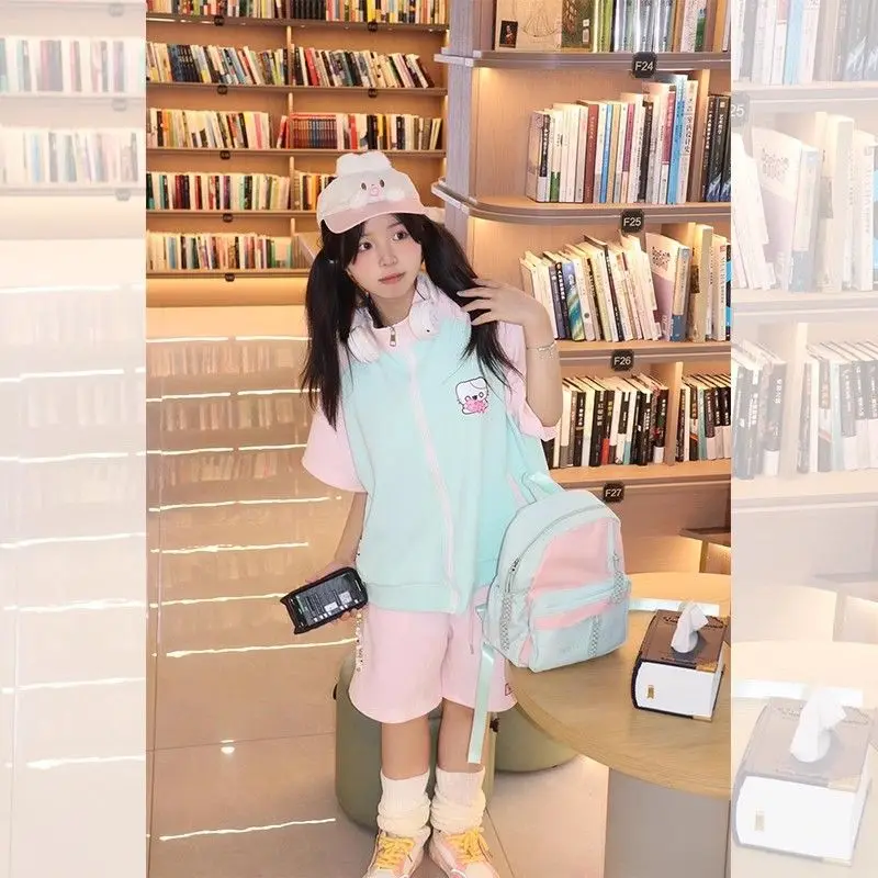 

Casual Japanese Soft Girl Suits Short Sleeved Zipper Cardigan + Drawstring Shorts Loose Sports 2 Piece Sets Womens Outfits