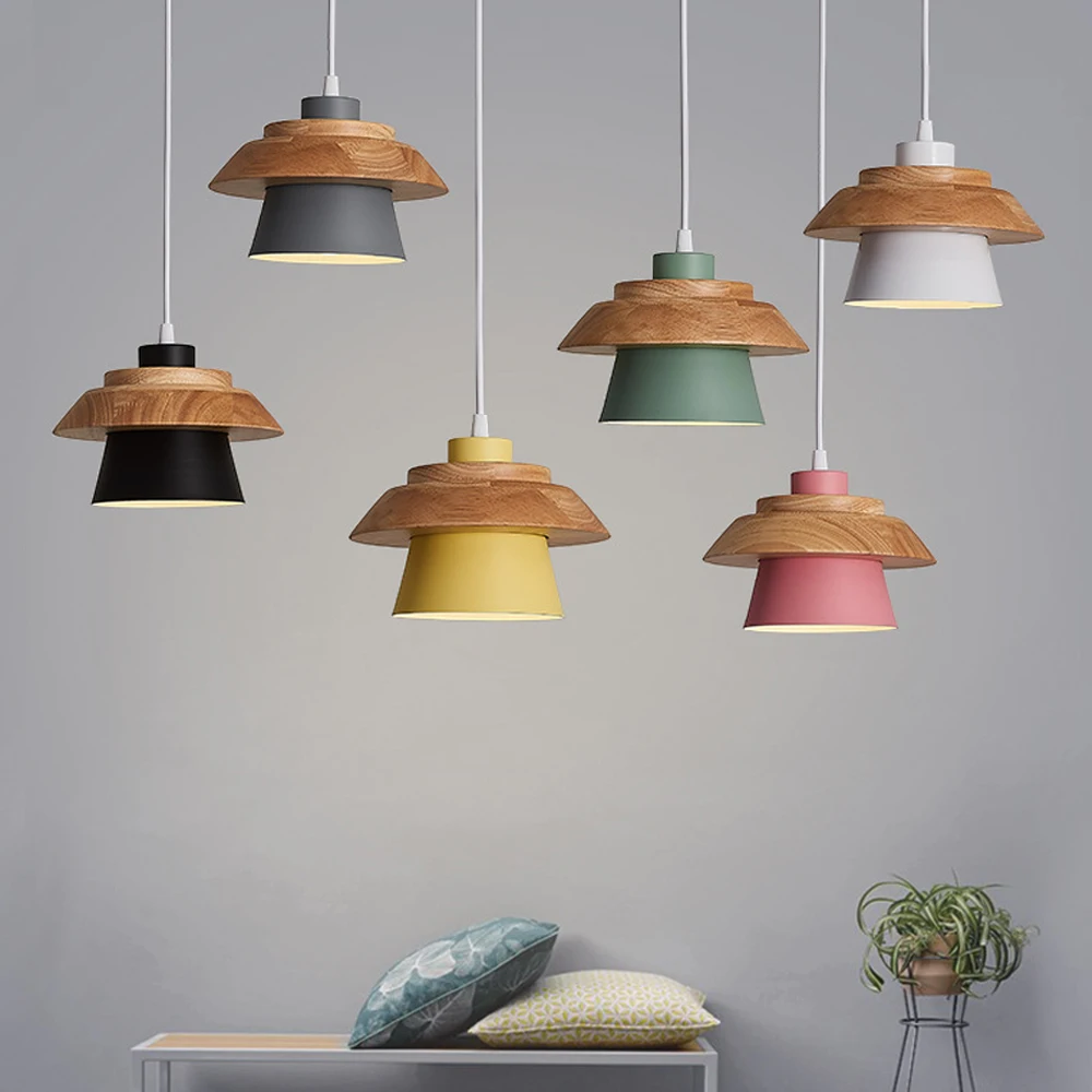 

Nordic Macaron Chandelier Wooden Pendant Light Bedroom Living Room LED Hanging Lamp Single Head Aluminum Home Lighting Fixtures