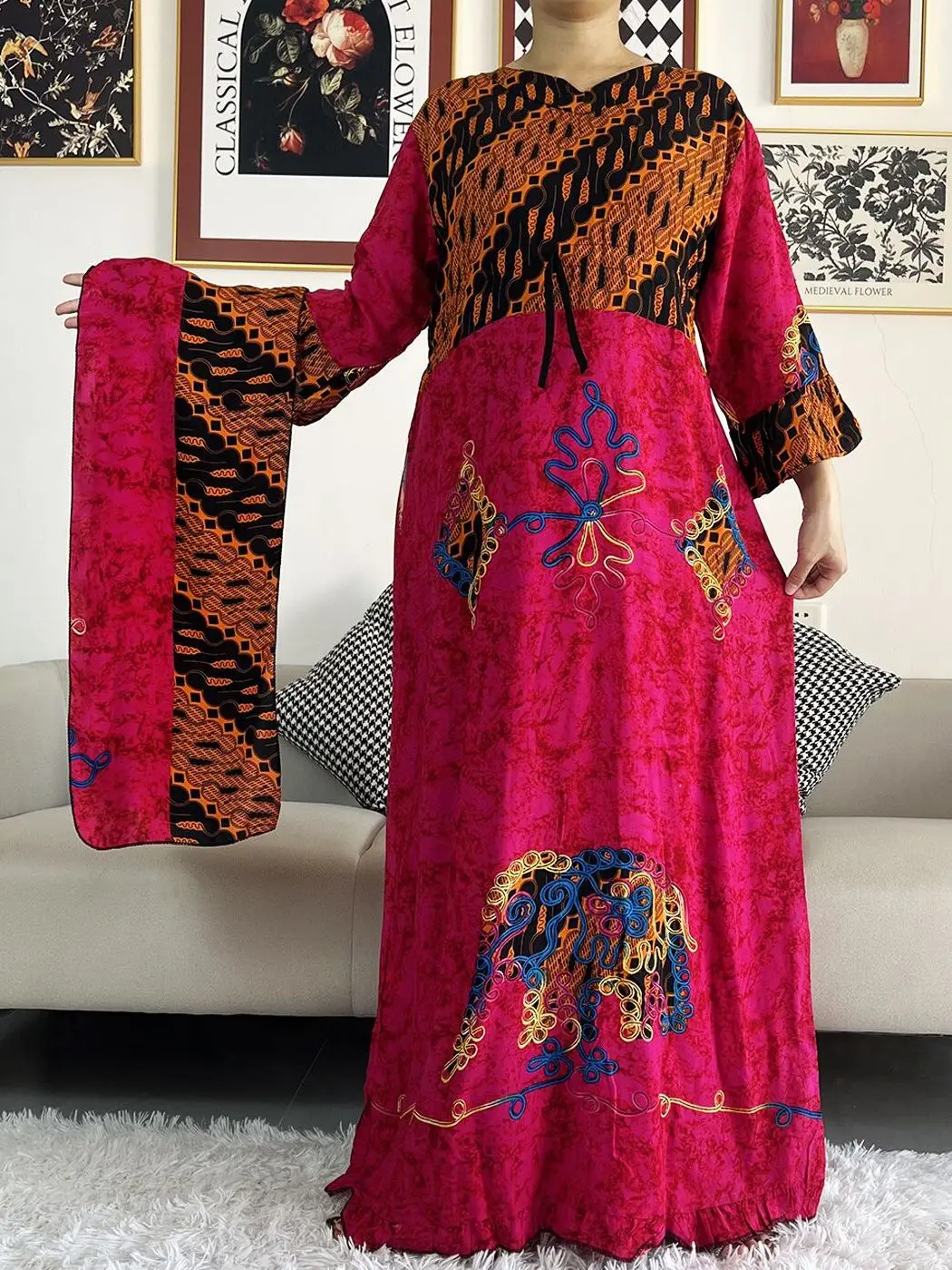 New Style African Dashiki Long Sleeve Casual Dresses Printed 100% Cotton Maxi Women Dress Fashion Vestidos with Scarf