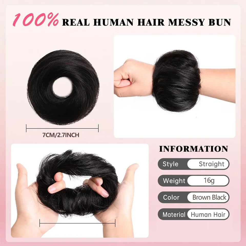 2Pcs Women's Human Hair Bun Extensions With Elastic Rubber Band Elegant Straight Human Hair Chignon Ponytail Hair Easy-to-Wear