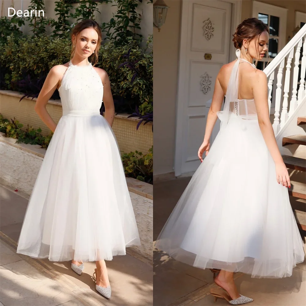 

Customized Formal Gown Dearin Halter A-line Ankle Length Skirts Draped Layered Tulle Open Back Sleeveless Bead Bespoke Occasion