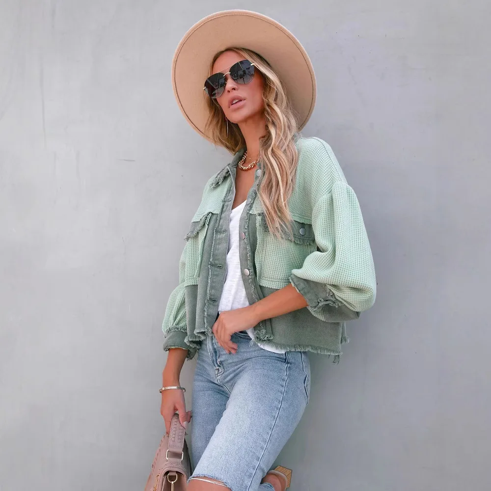 Femmes gaufre Parkas manteaux Patchwork vestes manches longues simple boutonnage bouton droit bureau dame décontracté 2025 automne hiver