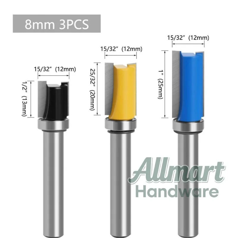 3-piece 8mm shank trimming milling cutter set, with bottom bearing trimming carving and bearing straight cut wooden shank