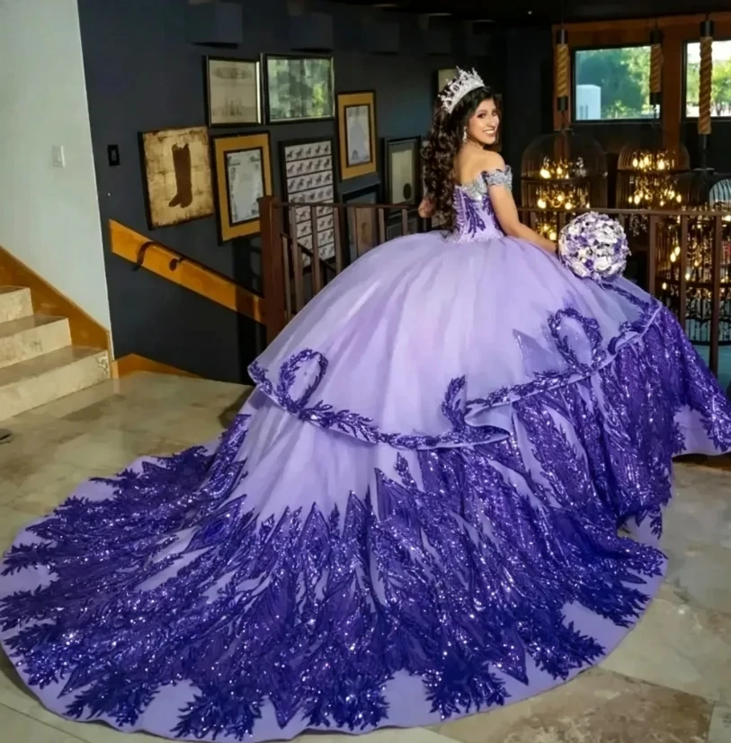 Customized temperament Luxuly Purple Fashion  Quinceanera Dresses Lace Appliques Beading Mexican Sweet Ball Gown