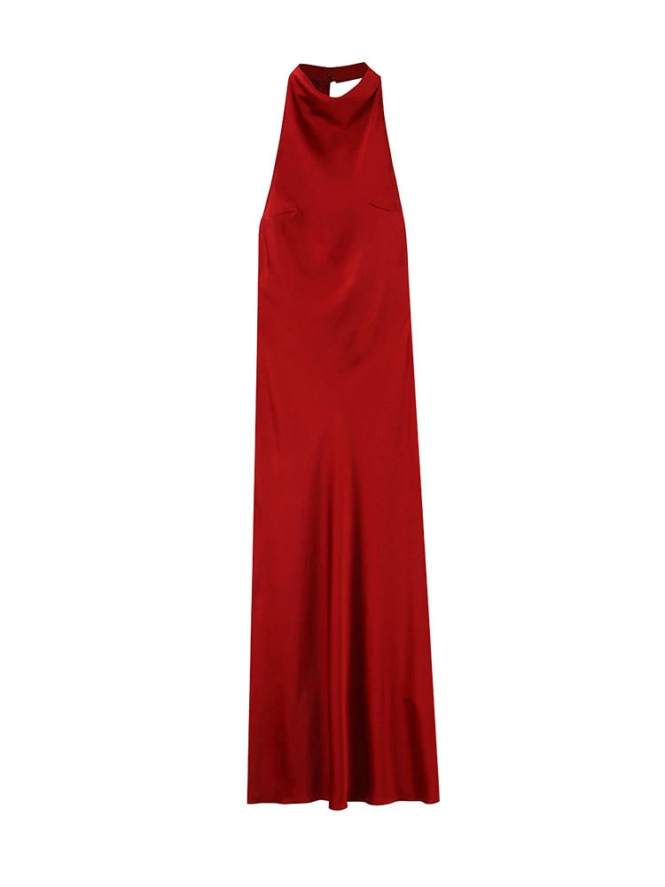 Women Halter Red Satin Maxi Dress Backless Evening Party Sleeveless Long Dresses