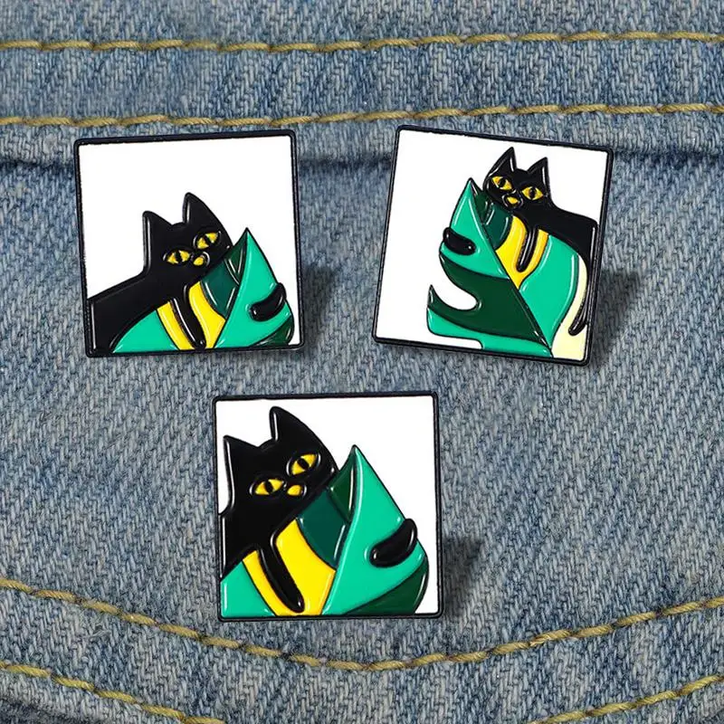 

Cartoon Black Cat PIN Black Cat Holding Grass Cat Cute Oil Dropping brooch