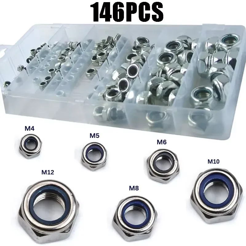 146個入り-m4-m5-m6-m8-m10-m12-カーボンスチール亜鉛メッキ六角ナイロンインサートロックナットセット-六角セルフロック詰め合わせキット