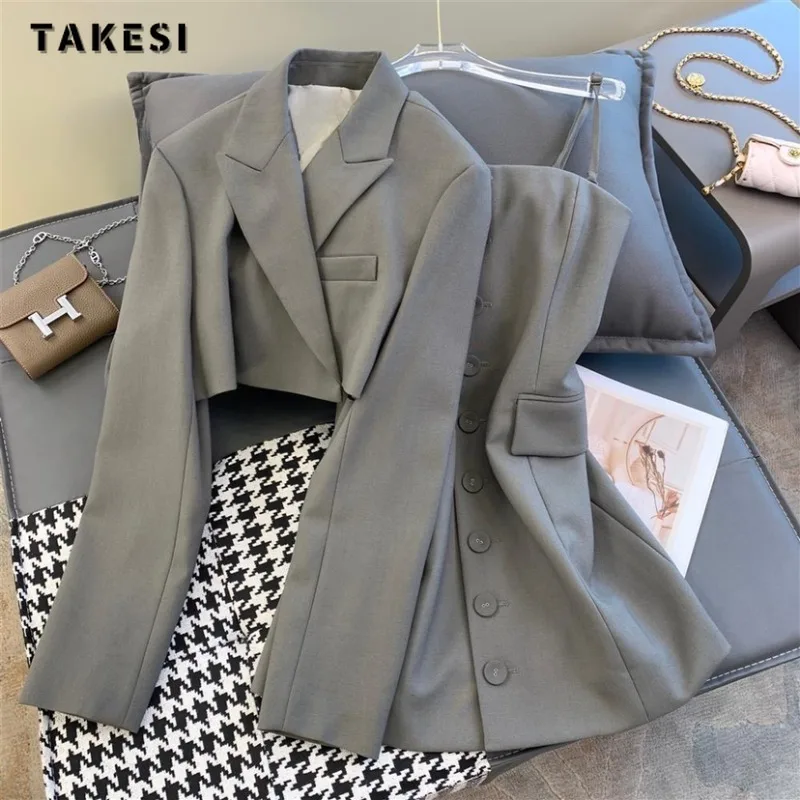 2023 Autumn Elegant Office Lady Style 2 Piece Set Women Long Sleeve Suits Coat + Suspender Dresses Solid Two Piece Dress Set