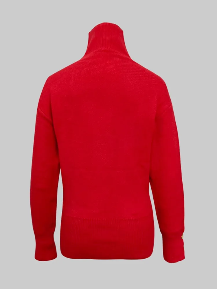 Women High Neck Asymmetric Gold Button Decor Long Sleeves Loose Knit Sweater Elegant Casual Pullover Jumper Tops view 5