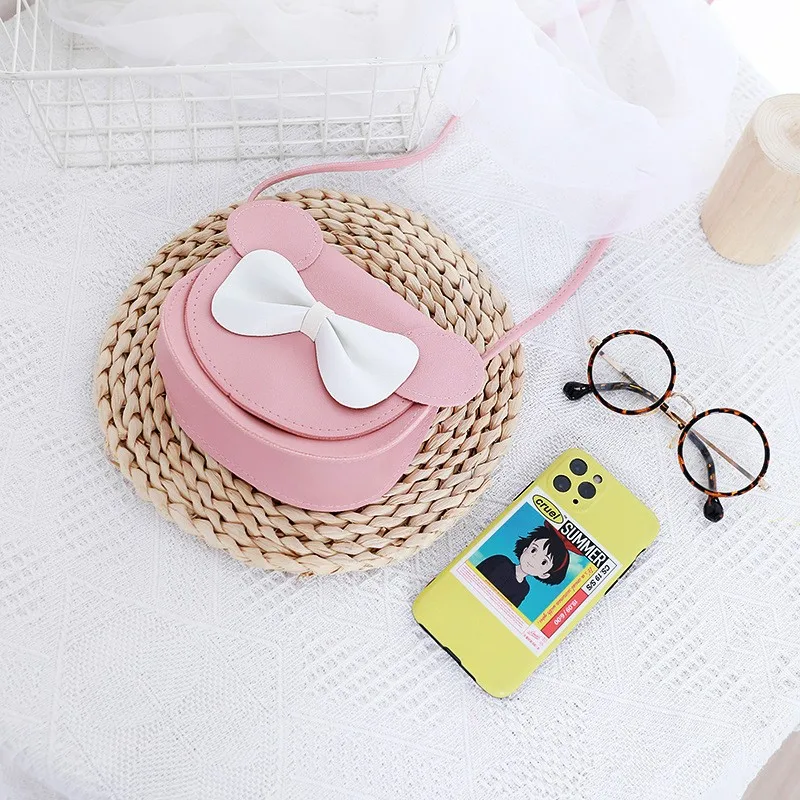 Mini bolsa de ombro elegante, bolsa rígida com orelhas de rato e laço, adequada para meninas, linda princesa K