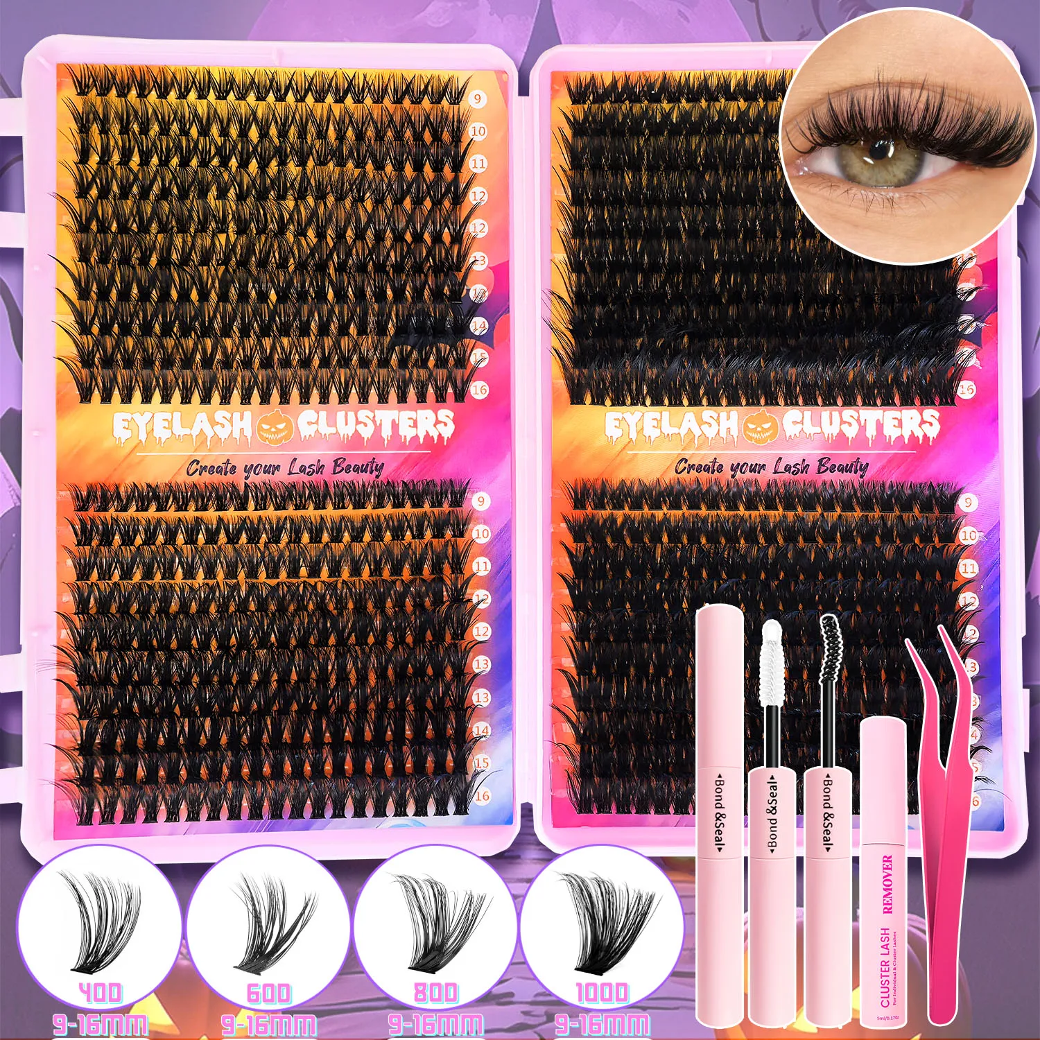 Eyelash Extension Kit, 1 Box Black Individual False Eyelashes with Eyelash Bond Glue & Remover & Tweezers for Eye Make-up