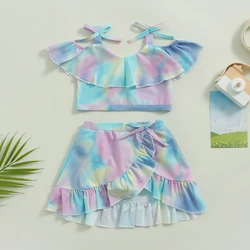 Yiiciovy Summer Lovely Kids Baby Girls 2pcs Bikini Sets Swimsuits Tie-dye Print Sleeveless Camisole+ Ruffles Beach Skirt Sets