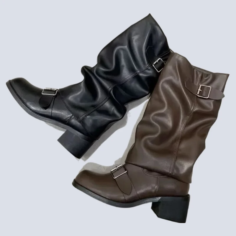 

Heels Trend Punk Gothic New Rock Leather Fashion Women's Shoes Motorcycle Footwear Woman Boots Knee High Platform Chunky