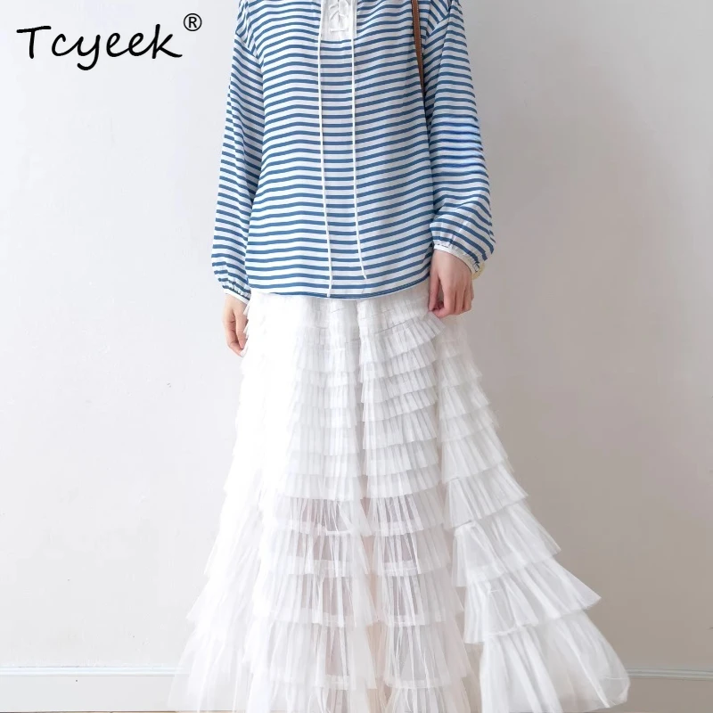 

Tcyeek 100% Real Silk Women Long Skirts 2026 Spring Summer Elastic Waist Breathable Tulle Skirt Lady Clothes Faldones Para Mujer