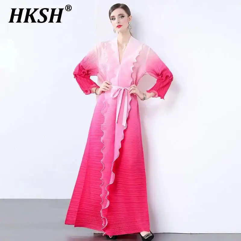

HKSH Spring Autumn New Women's Tide Y2K Fold Long Skirt Wrinkle Gradient Print Lace Dress Silk Line Wave Edge Chic V-neck HK3416