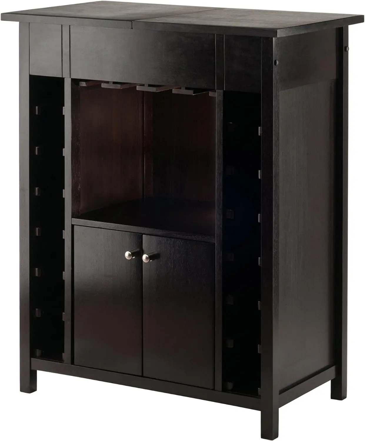 Bar Storage Cabinet for Wine & Glasses, Espresso Coffee Buffet Cabinet w/ Wine Rack and Doors for Dining Room or Kitchen