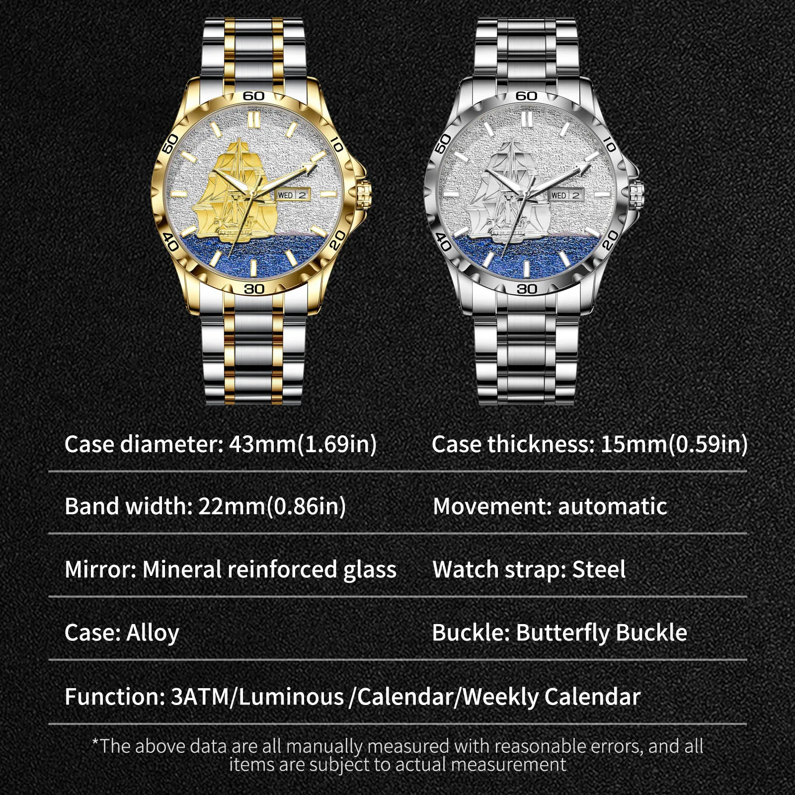 ساعة Glenaw Sailing Series من أفضل العلامات التجارية الفاخرة والأزياء التجارية الأوتوماتيكية بالكامل ميكانيكية ذهبية للرجال مقاومة للماء