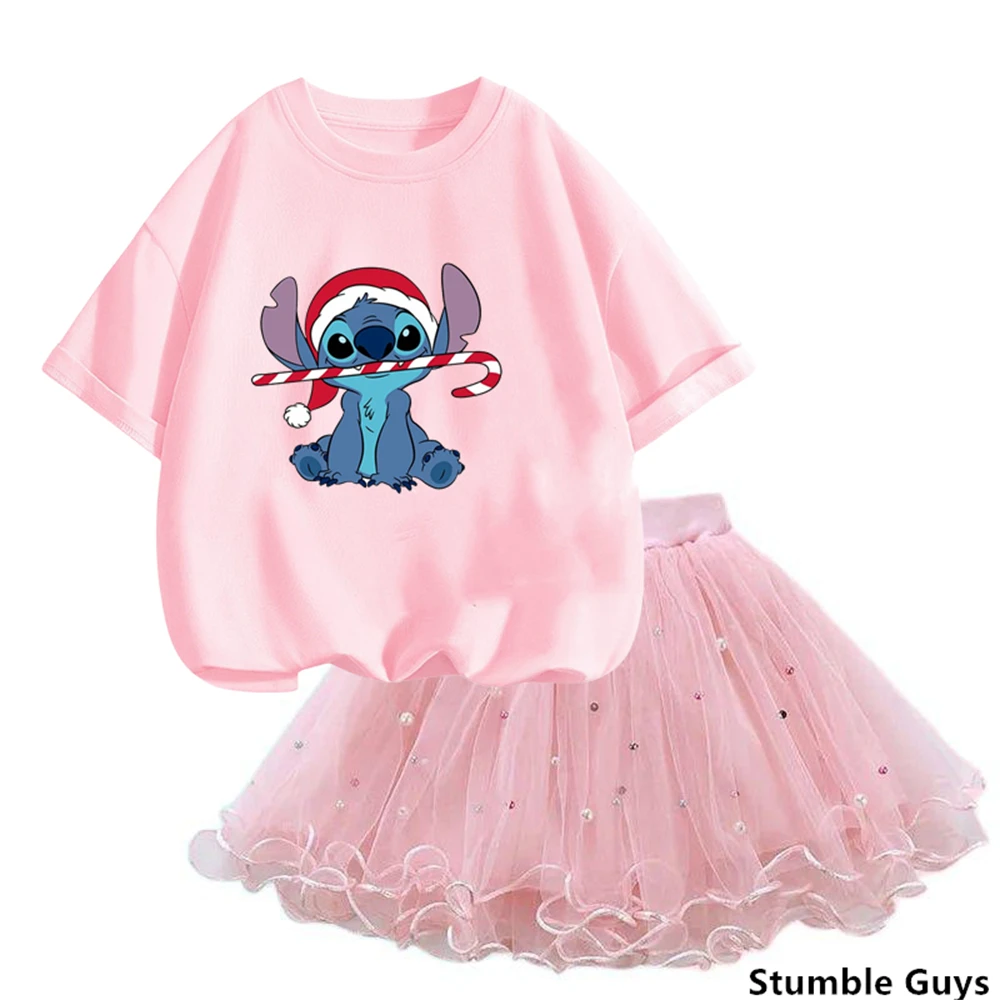 

Summer Fashion Korean Children Clothes Outfits 3-14Y Little Girls Clothing Cute Stitch T Shirt& mesh Tutu Skirt Two Piece Set