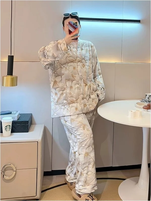 

plus Size 300 Pou V-Ne irt And Long Pants Spwear Set Men's Spring Autumn Floral Print Home Clothes Set
