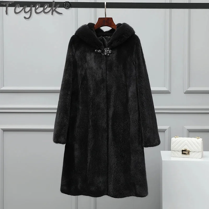 

Natural Tcyeek Mink Fur Coat Women Hooded Winter Women's Jacket Fashion Mid-length Real Coats Warm Whole Fourrure Femme