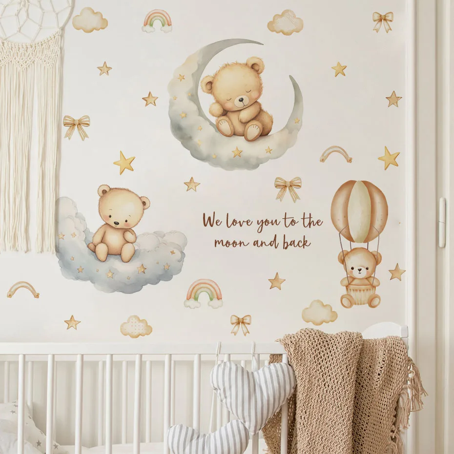 Cute Cartoon Bear Clouds Moon and Stars Wall Stickers 30x114CM PVC Wall Decals Decorative Window Stickers Home Wall Art Decor