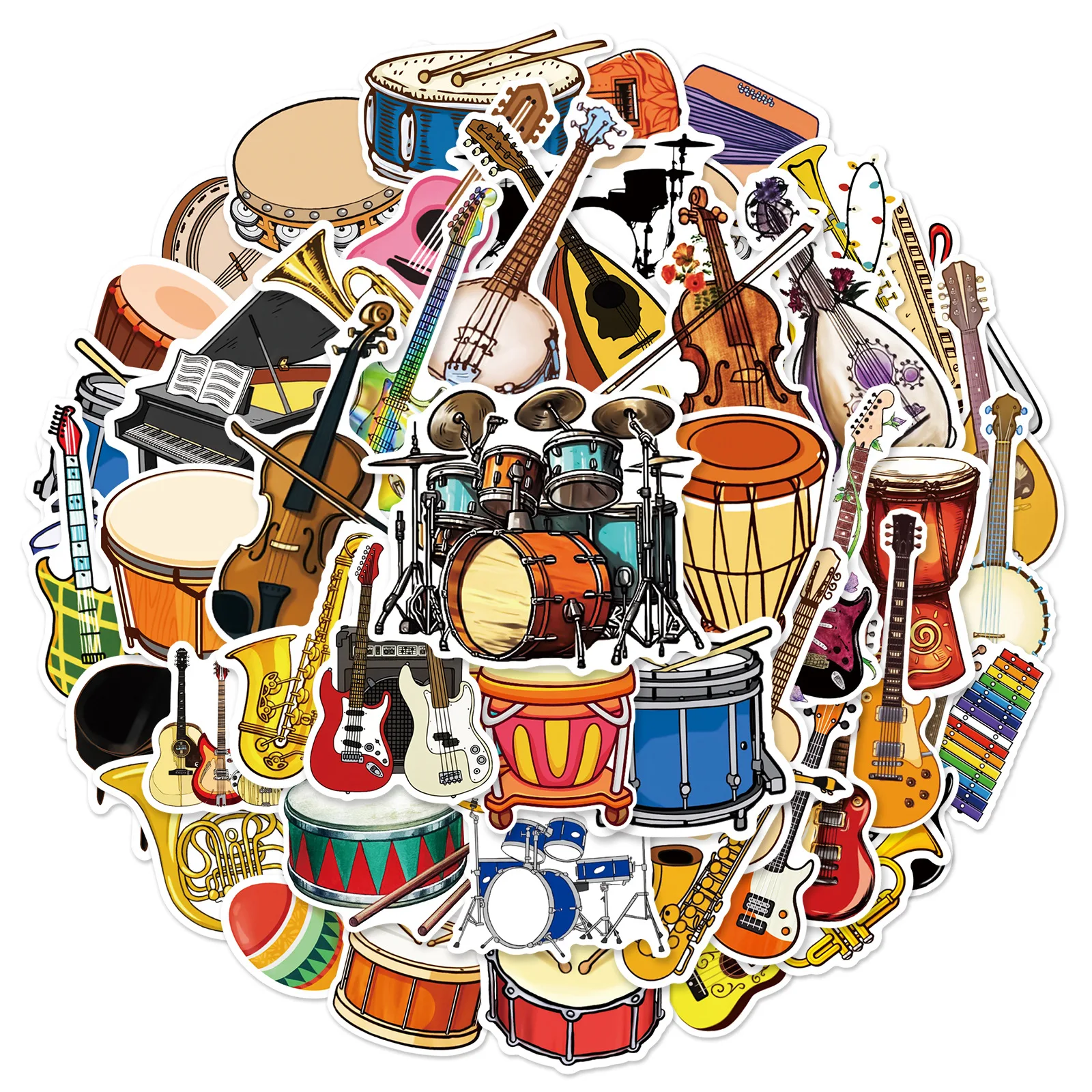 

50PCS DIY Cartoon Music Instrument Performance Stickers Set For Piano Violin Stand Drum Guitar Waterproof Non-stick Decals Gifts