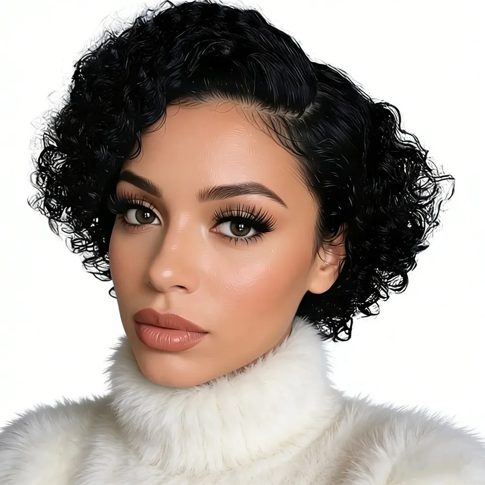

150% densiity short curly 13x1 T part transparent lace 6inch natural black color pixie cut human hair wigs for women