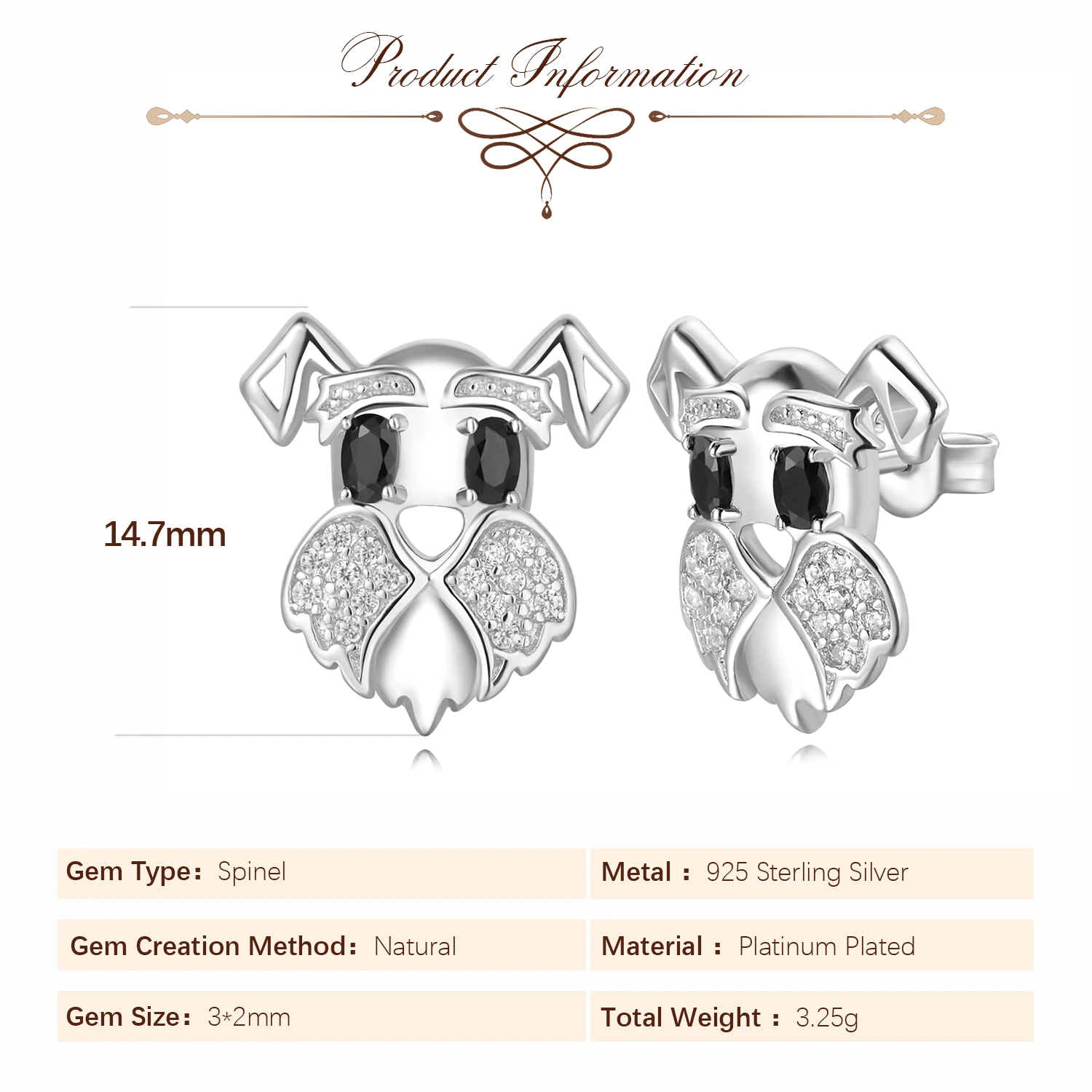 Potiy Natural Oval Shape Black Spinel Cute Dog Stud Earrings 925 Sterling Silver for Women Daily Wedding Party Jewelry