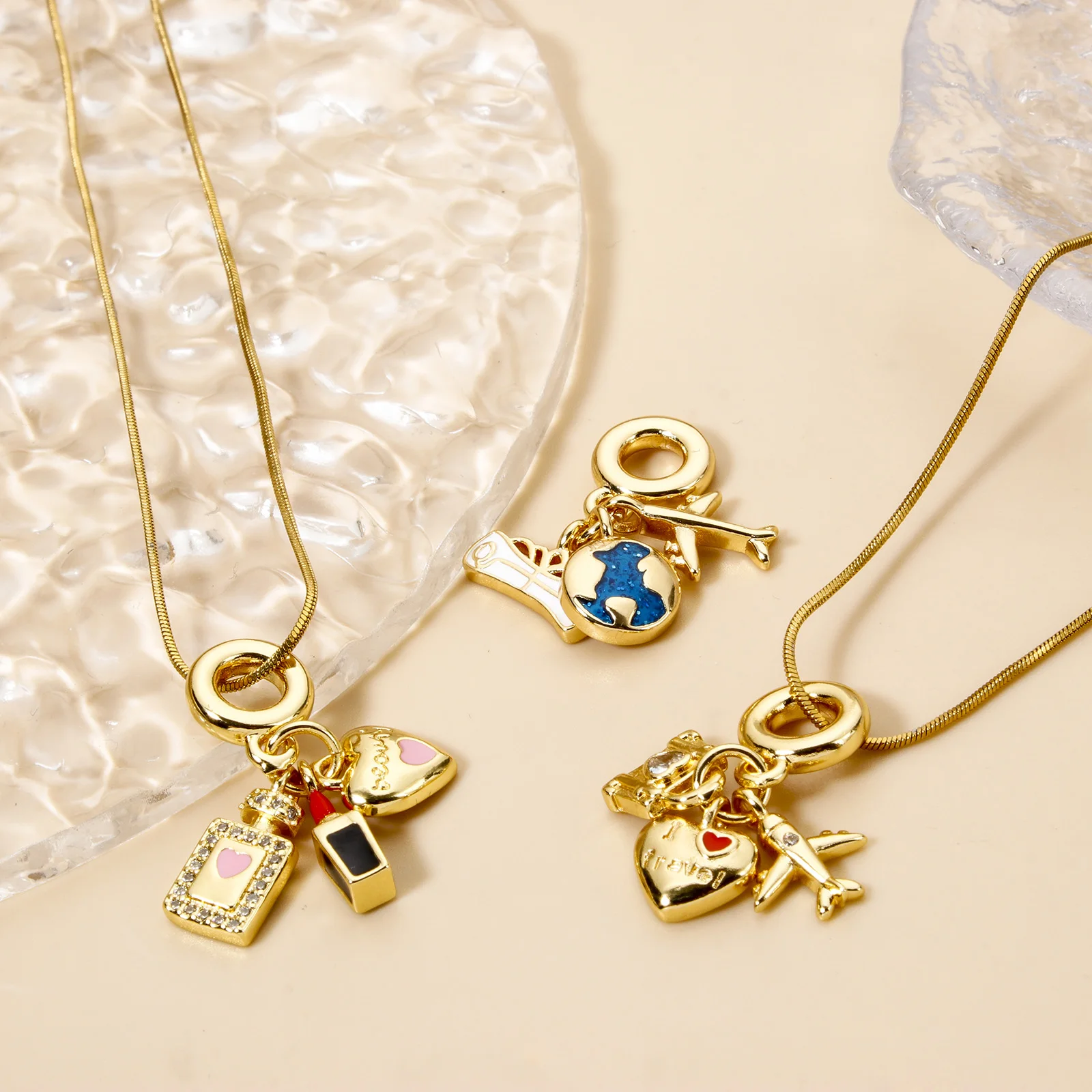 1Set New Brass Charms Gold Color Heart Travel Airplane Multicolor Enamel Pendant DIY Necklace For Women Party Jewelry Findings