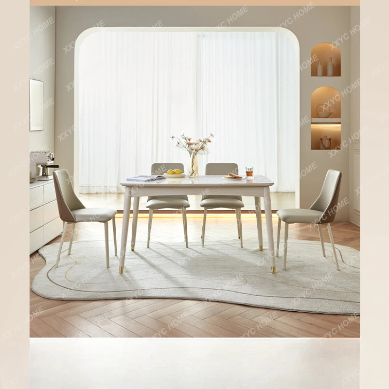 Light Luxury and Simplicity Stone Plate Dining Tables and Chairs Set Cream Style Rectangular Table