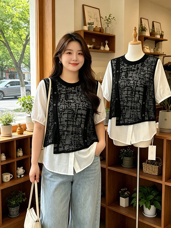 

plus Size Women's Casual Lace Patchwork Shirt Fake Two-Piece Style Breathable Skin-Friendly Summer Top for Plump Women