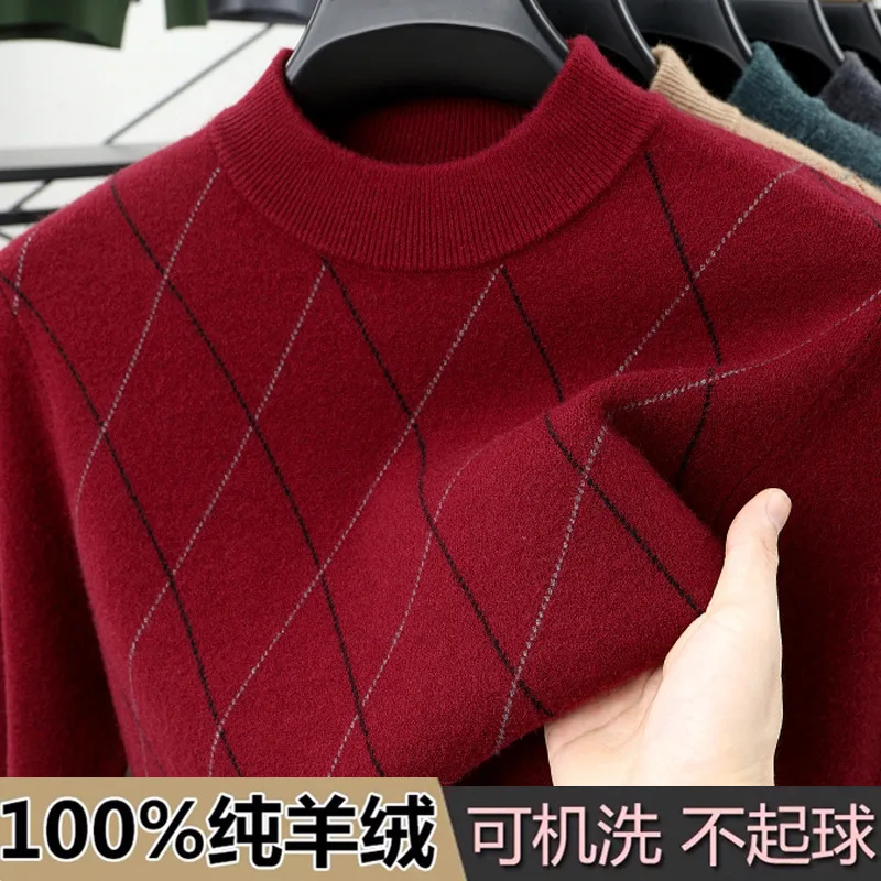 100% Pure Cashmere Men Half Turtleneck Winter New Thickened For Middle-Aged Dad Plaid Wool