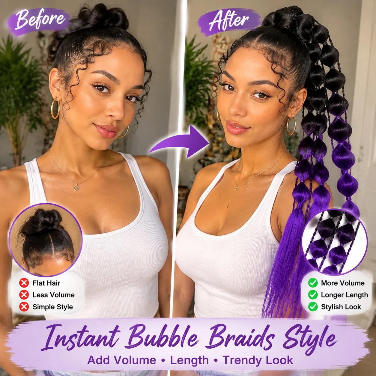 55cm 22 Zoll Bubble Braids Haarverlängerung Synthetischer Geflochtener Pferdeschwanz Haarteil mit Schlaufenbefestigung für Damen Festival Party Frisur – Detail 5