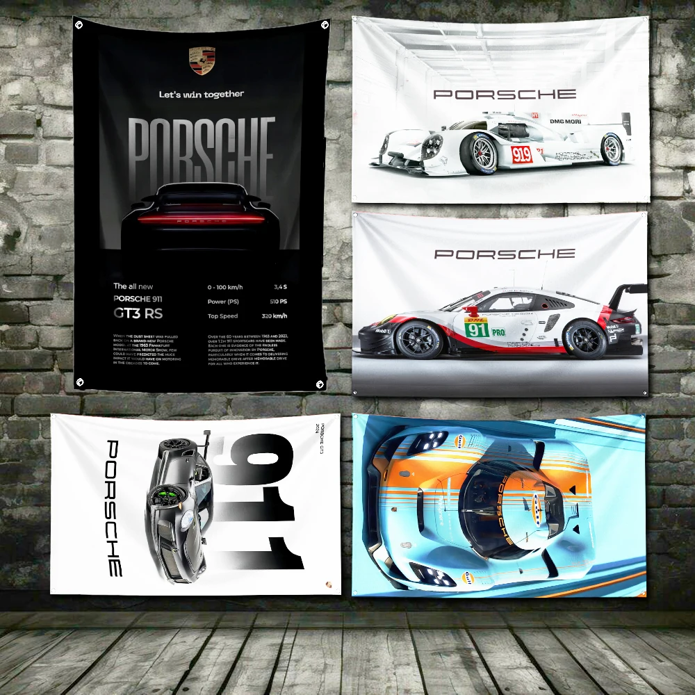 3x5 Ft Sports car P-Porsches 911 Flag Polyester Digital Printing Banner For Garage or Out door Decoration