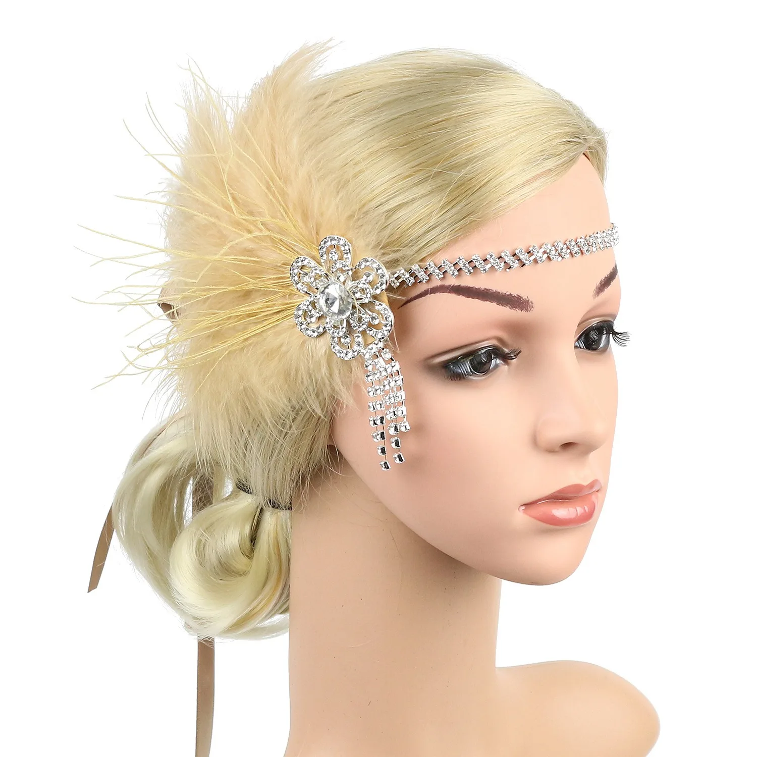 1920s Flapper Headband Roaring 20s Headpiece Gatsby Ostrich Feather Headpiece with Crystal