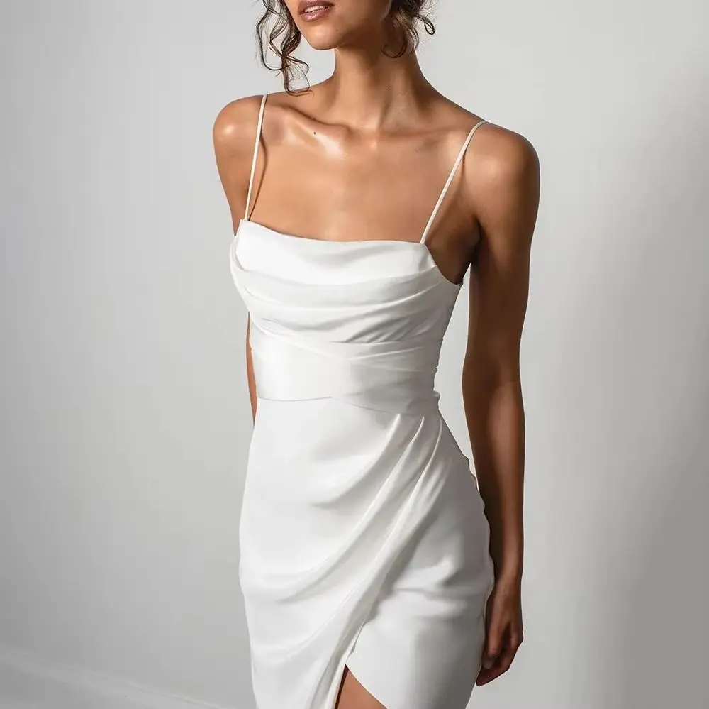 Vestido de Novia liso con espalda descubierta de satén, cola de barrido, Vestido de Novia Blanco de sirena Simple, tirantes finos, Vestido de Novia con abertura larga