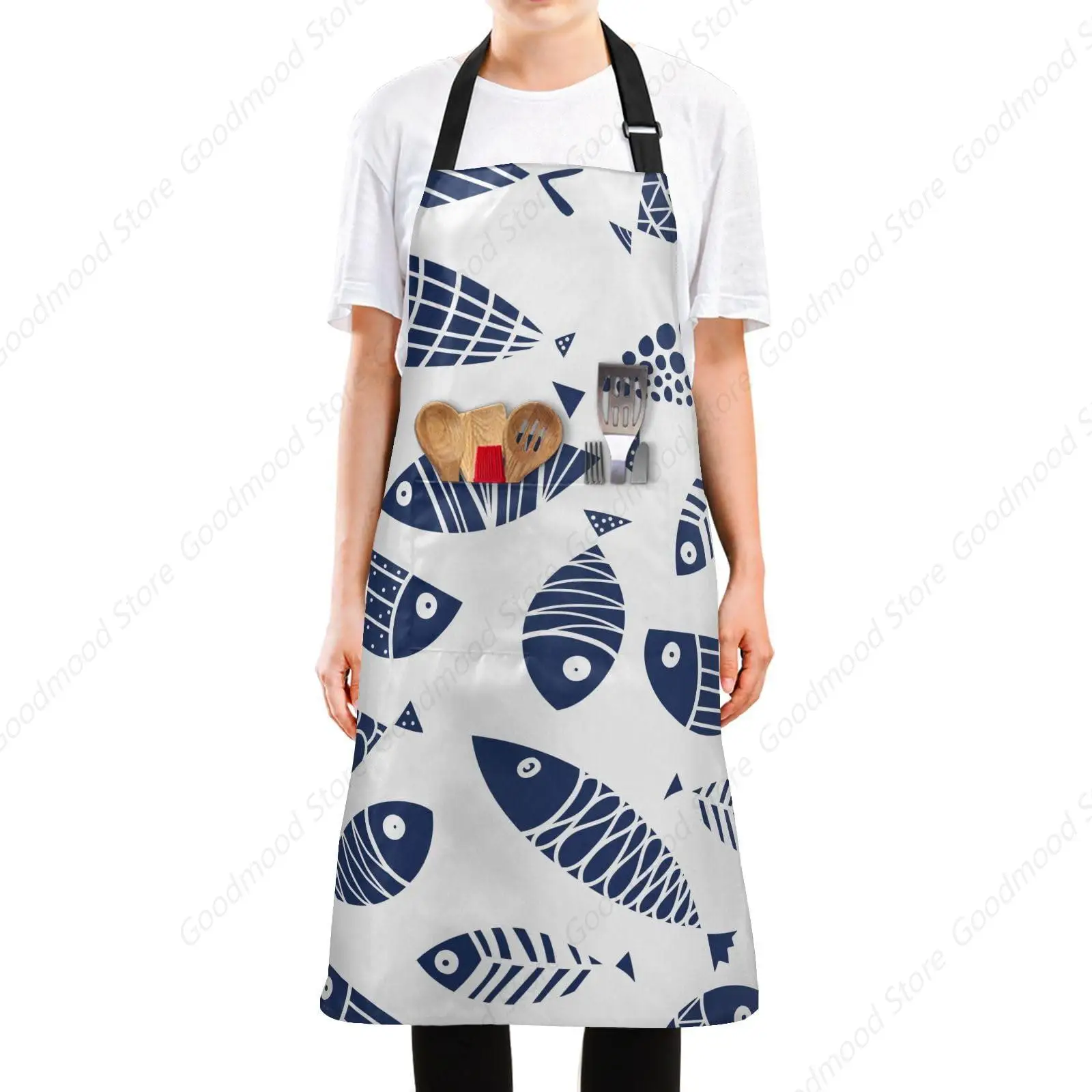 Apron with Pockets - Blue Fish Paternal，Waterproof Stain Resistant Women Men Unisex Adjustable Perfect for Kitchen Cooking