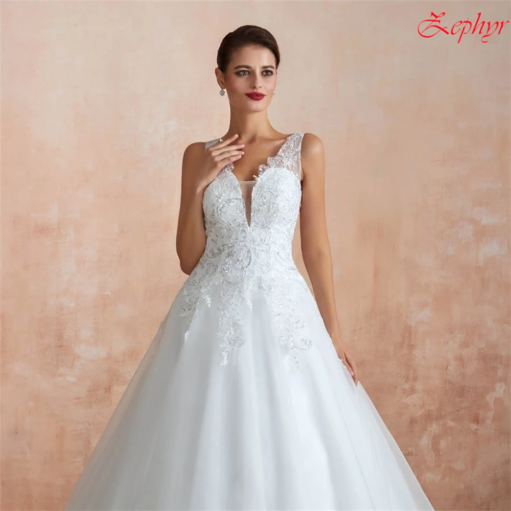 

Customized Elegant Formal Simple Charming Modern Wedding Dresses White Tulle Applique Wedding Party A-line Poretrait Dresses