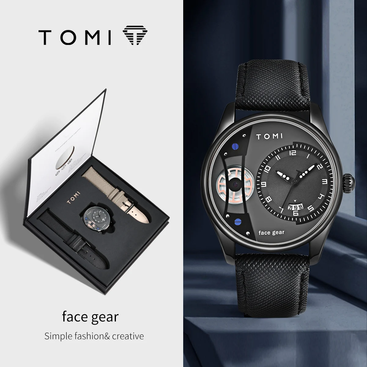 TOMI Set Gift Box for Men\'s Minimalist Business Quartz Watch Luxury Versatile Double Strap Detachable Watch Festival Gift