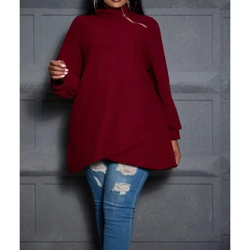 Plus Size 1XL-5XL Women's Hoodie Fashion Irregular High Neck Casual Sweater Zipper Loose Top Casual Solid Color Hoodie