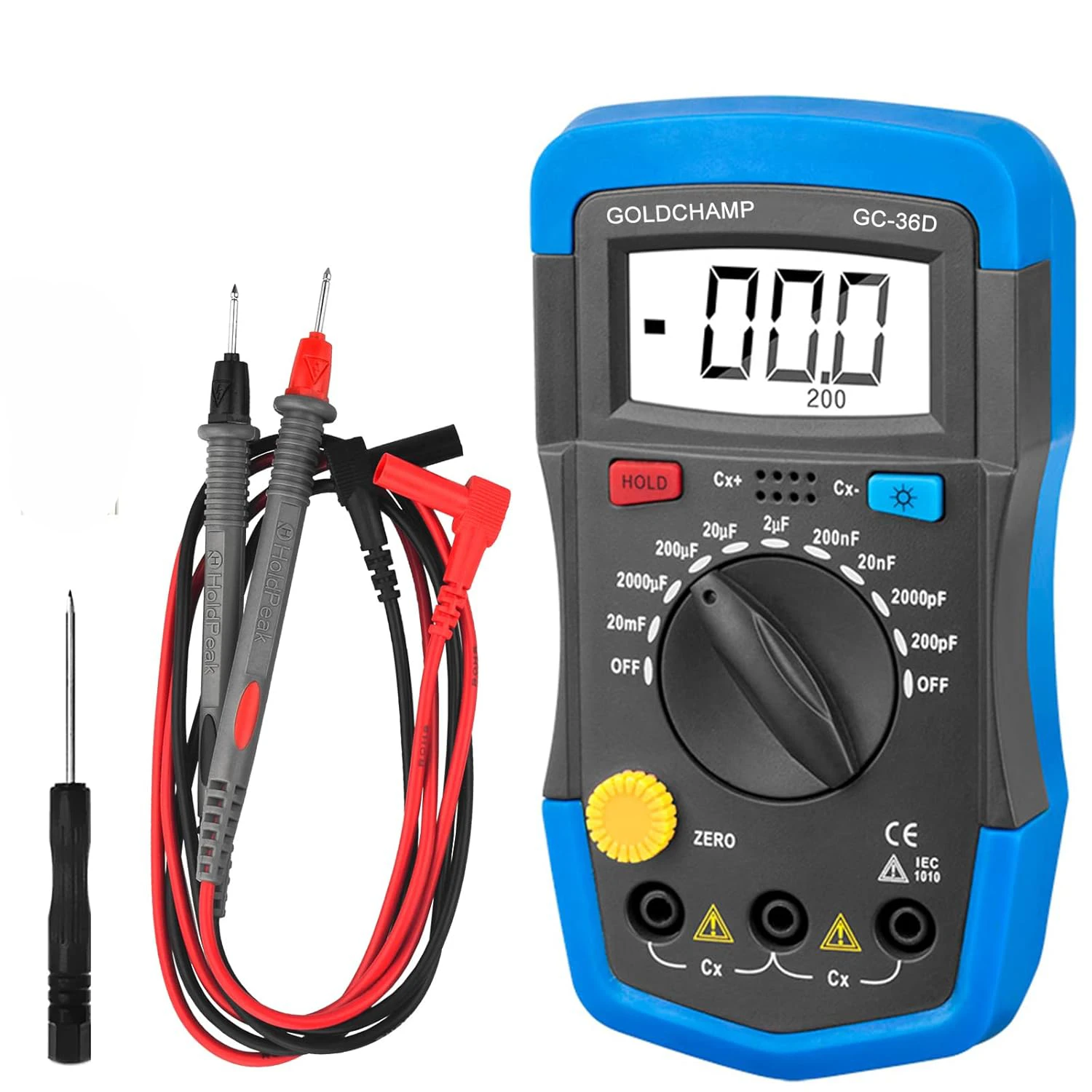 Portable Digital Capacitance Meter 0.1pF-20000uF 9 Ranges LCD Backlight Data Hold for Capacitor Cable Circuit Testing