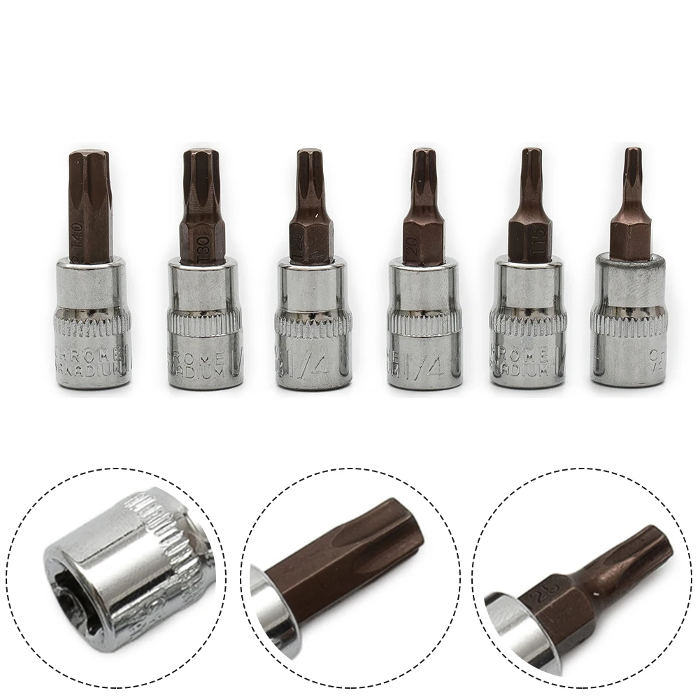 Conjunto de brocas hexagonais para driver torx, 6 peças, cabeça de soquete de 14 polegadas para parafusos t10 a t40, construção robusta em aço cromo vanádio