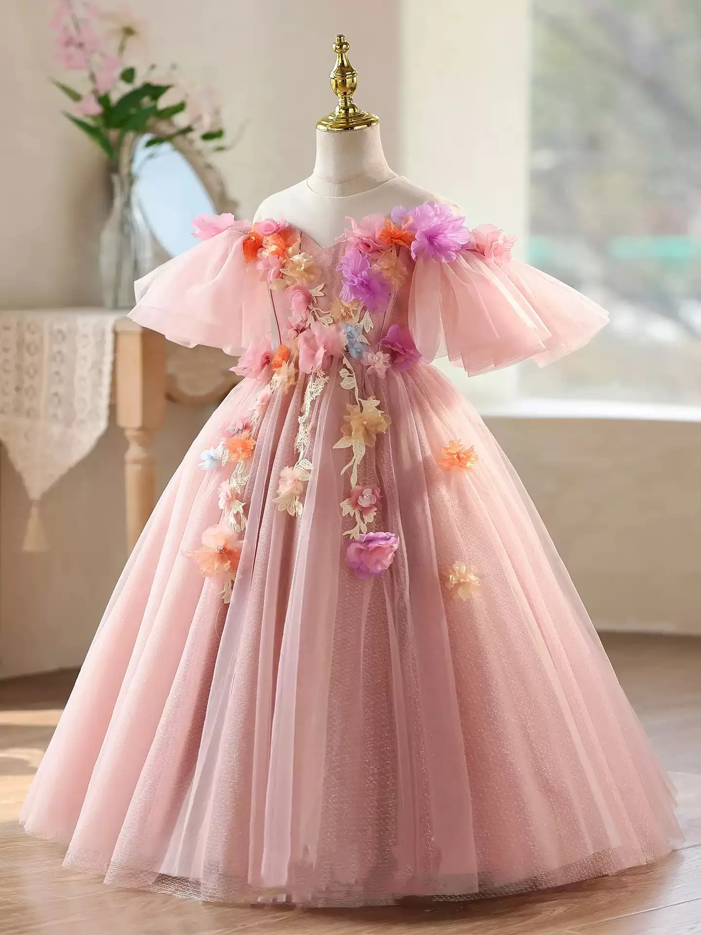 LJW New Girl Long Dress Flower Girl Chiffon Dress Beauty Pageant Costume 4-12 Years Old Birthday Children Party Clothes