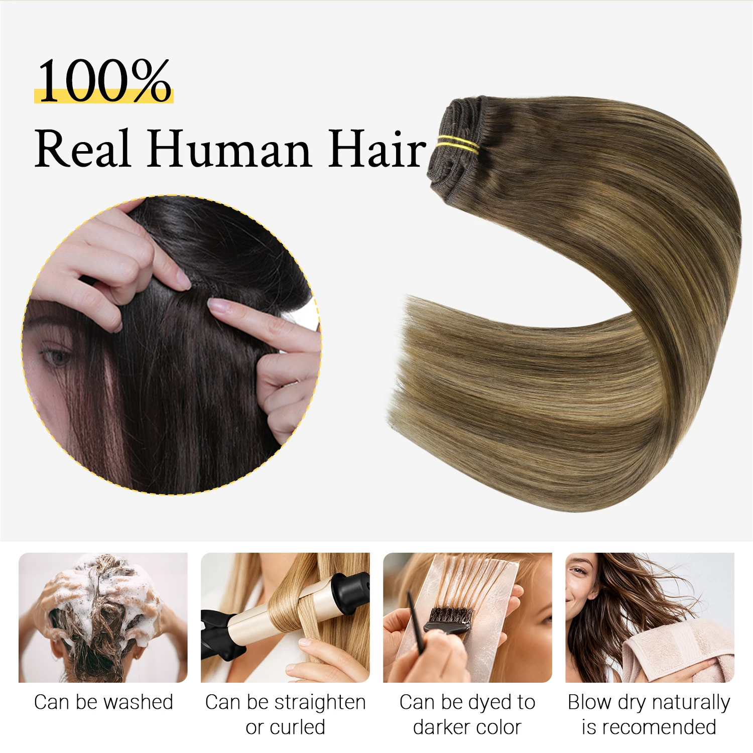 Sunmofavo 7Pcs Remy Clip Human Hair Set, Balayage Caramel Blonde Highlight Real Human Hair Strands, Natural Blending For Women