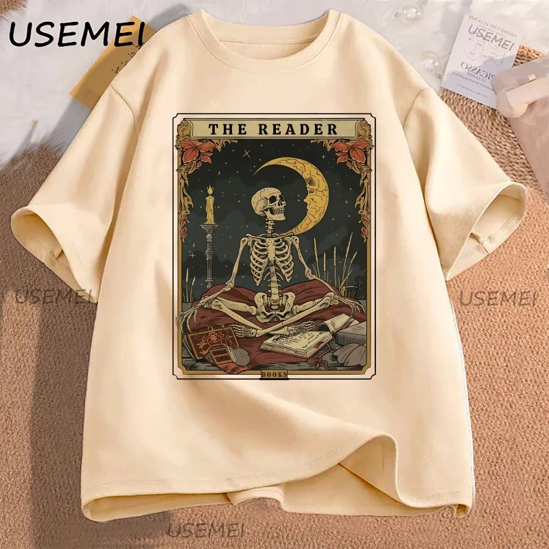 

The Reader Tarot Card T-Shirt Skeleton Reading T Shirt Men Women Book Lover Bookish Tshirt Casual Cotton Short Sleeve Clothes