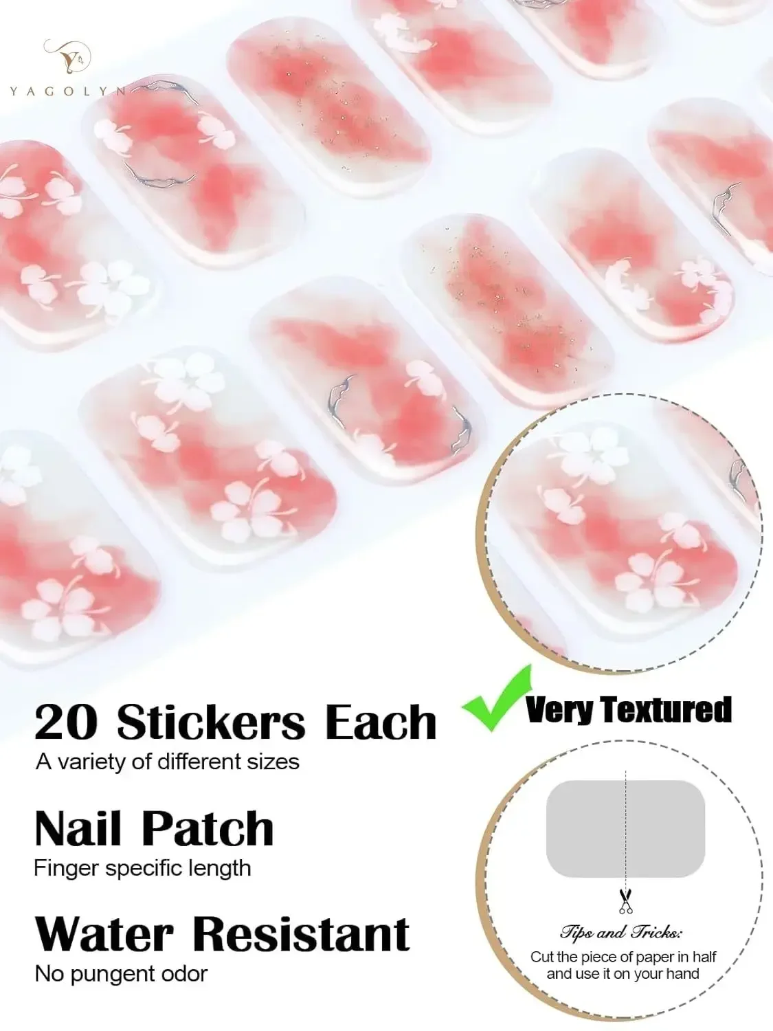 Semi-Cuttable Tiras Unhas Gel, Crimson Gel Unhas Adesivos Suprimentos, Nail Design Decoração, Secador Decalque Precisa Lâmpada LED UV, 20 Dicas