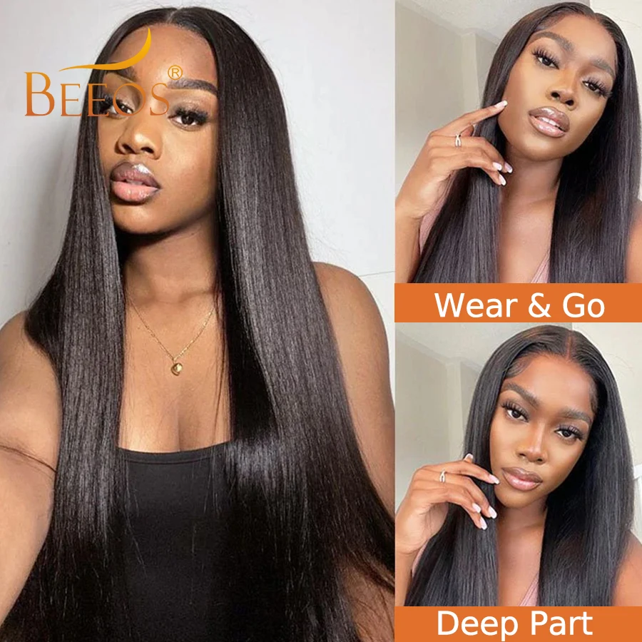 32inch #1 Jet Black Glueless Wigs 5x5 HD Lace Closure Human Hair Wigs Pre Plucked Bone Straight Ready to Go Brazilian For Women