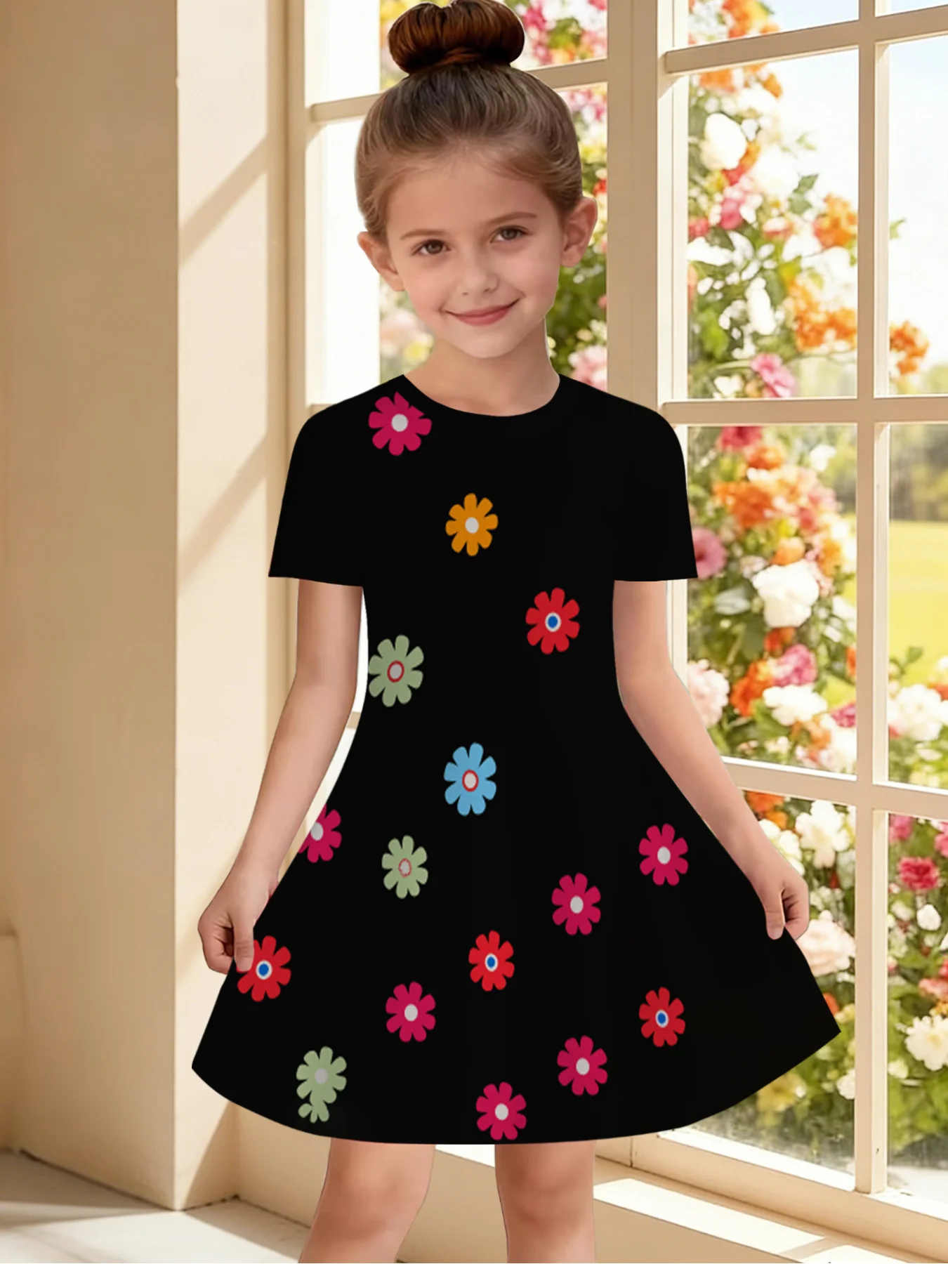 Kids Girls Flower Print Swing Dress, Black Background Bright Color Daisy Full Print Short Sleeve A-line Dress for Outdoor